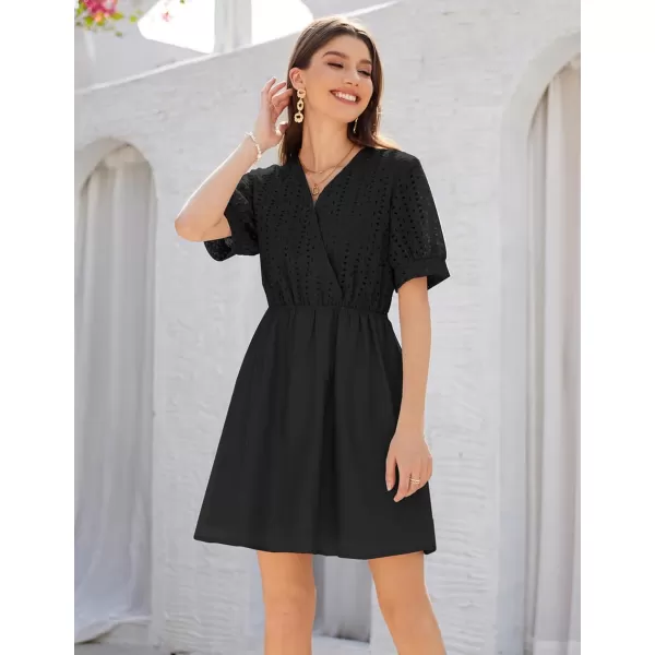 GRACE KARIN Womens 2024 Summer Dresses Wrap V Neck Puff Sleeve Elastic Waist Casual A Line Wedding Short Mini DressBlack