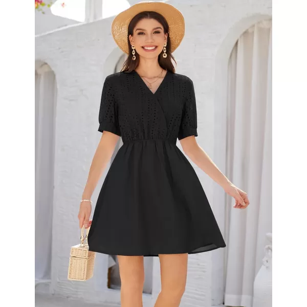 GRACE KARIN Womens 2024 Summer Dresses Wrap V Neck Puff Sleeve Elastic Waist Casual A Line Wedding Short Mini DressBlack