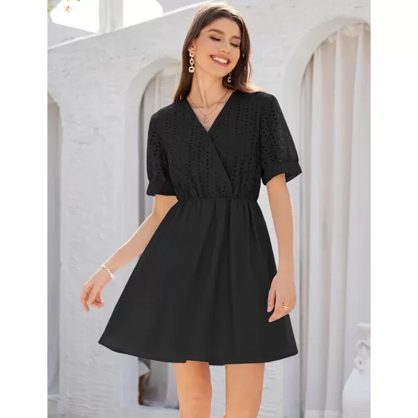 GRACE KARIN Womens 2024 Summer Dresses Wrap V Neck Puff Sleeve Elastic Waist Casual A Line Wedding Short Mini DressBlack