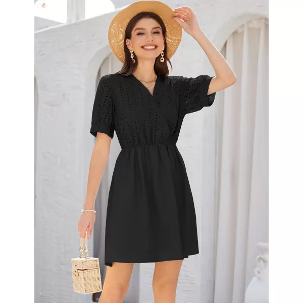 GRACE KARIN Womens 2024 Summer Dresses Wrap V Neck Puff Sleeve Elastic Waist Casual A Line Wedding Short Mini DressBlack