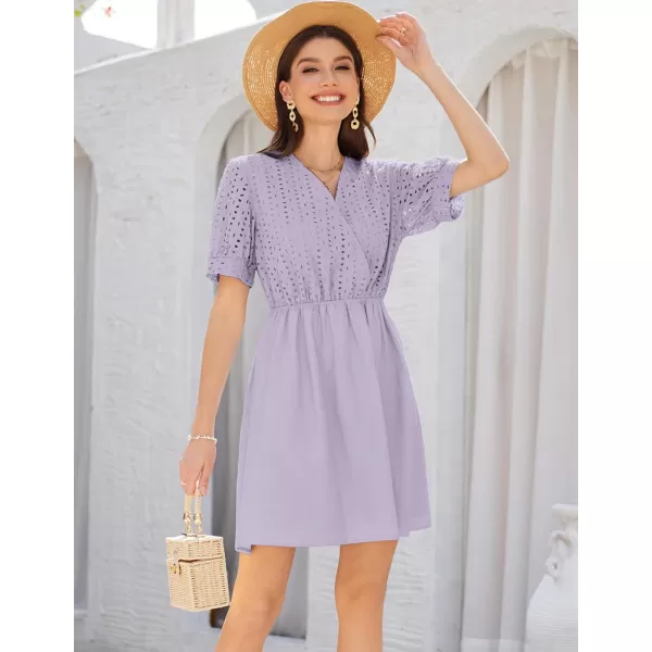 GRACE KARIN Womens 2024 Summer Dresses Wrap V Neck Puff Sleeve Elastic Waist Casual A Line Wedding Short Mini DressLight Purple