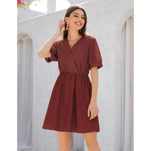 GRACE KARIN Womens 2024 Summer Dresses Wrap V Neck Puff Sleeve Elastic Waist Casual A Line Wedding Short Mini DressWine