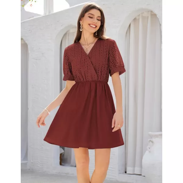 GRACE KARIN Womens 2024 Summer Dresses Wrap V Neck Puff Sleeve Elastic Waist Casual A Line Wedding Short Mini DressWine