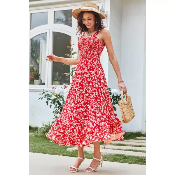 GRACE KARIN Womens 2024 Summer Floral Boho Dress Square Neck Strapped Swing A Line Beach Long Maxi DressRed