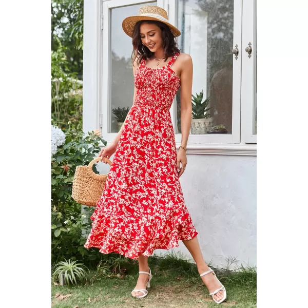 GRACE KARIN Womens 2024 Summer Floral Boho Dress Square Neck Strapped Swing A Line Beach Long Maxi DressRed