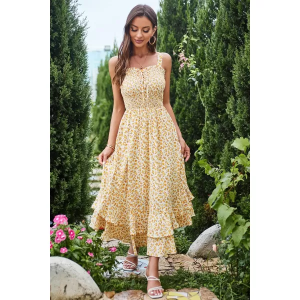 GRACE KARIN Womens 2024 Summer Floral Boho Dress Square Neck Strapped Swing A Line Beach Long Maxi DressYellow