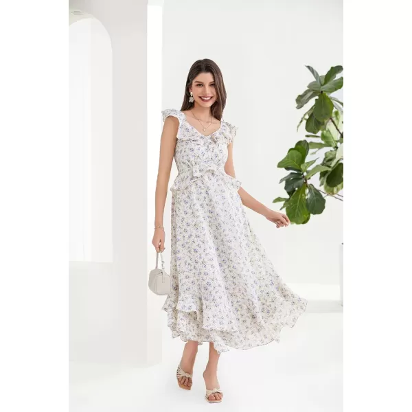 GRACE KARIN Womens 2024 Summer Floral Casual Sleeveless V Neck Ruffle Layered Beach ALine Boho Flowy Maxi DressesBlue