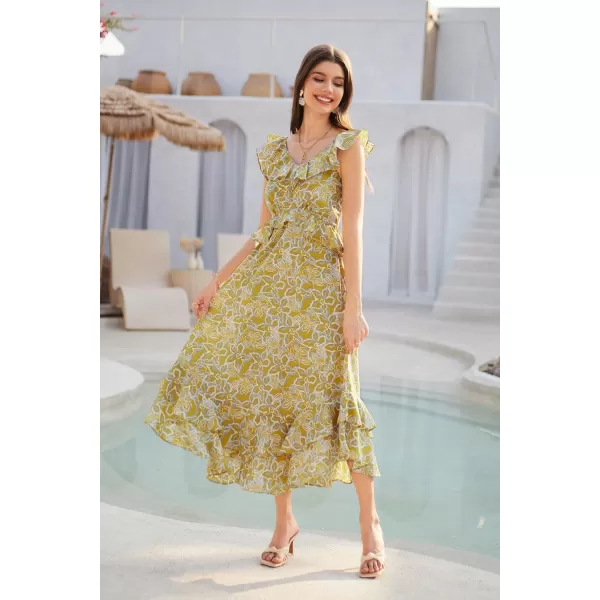 GRACE KARIN Womens 2024 Summer Floral Casual Sleeveless V Neck Ruffle Layered Beach ALine Boho Flowy Maxi DressesFloral Yellow