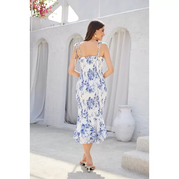 GRACE KARIN Womens 2024 Summer Floral Smocked Sundress Midi Bodycon Sleeveless Ruffle Hem Casual DressWhite Blue Floral