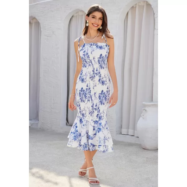 GRACE KARIN Womens 2024 Summer Floral Smocked Sundress Midi Bodycon Sleeveless Ruffle Hem Casual DressWhite Blue Floral