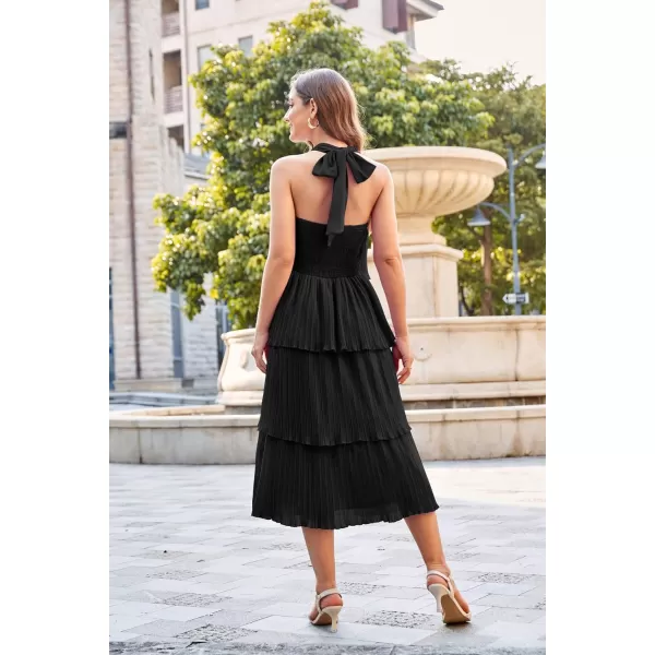 GRACE KARIN Womens 2024 Summer Halter Neck Sleeveless Dress Ruffle Tiered Layered Flowy Dresses Boho Beach Maxi DressBlack