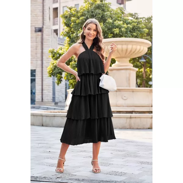 GRACE KARIN Womens 2024 Summer Halter Neck Sleeveless Dress Ruffle Tiered Layered Flowy Dresses Boho Beach Maxi DressBlack