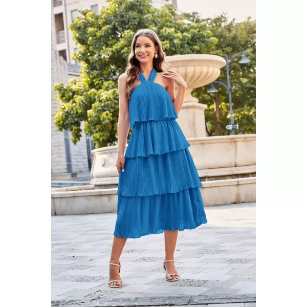 GRACE KARIN Womens 2024 Summer Halter Neck Sleeveless Dress Ruffle Tiered Layered Flowy Dresses Boho Beach Maxi DressPeacock Blue