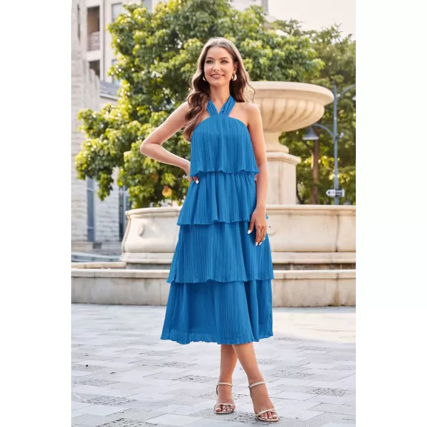 GRACE KARIN Womens 2024 Summer Halter Neck Sleeveless Dress Ruffle Tiered Layered Flowy Dresses Boho Beach Maxi DressPeacock Blue