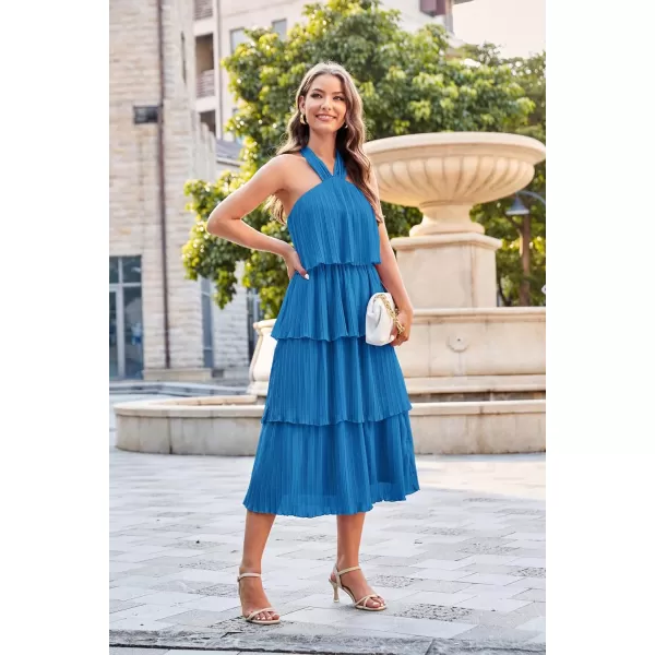 GRACE KARIN Womens 2024 Summer Halter Neck Sleeveless Dress Ruffle Tiered Layered Flowy Dresses Boho Beach Maxi DressPeacock Blue