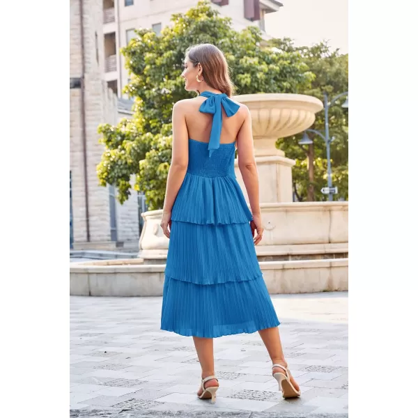 GRACE KARIN Womens 2024 Summer Halter Neck Sleeveless Dress Ruffle Tiered Layered Flowy Dresses Boho Beach Maxi DressPeacock Blue