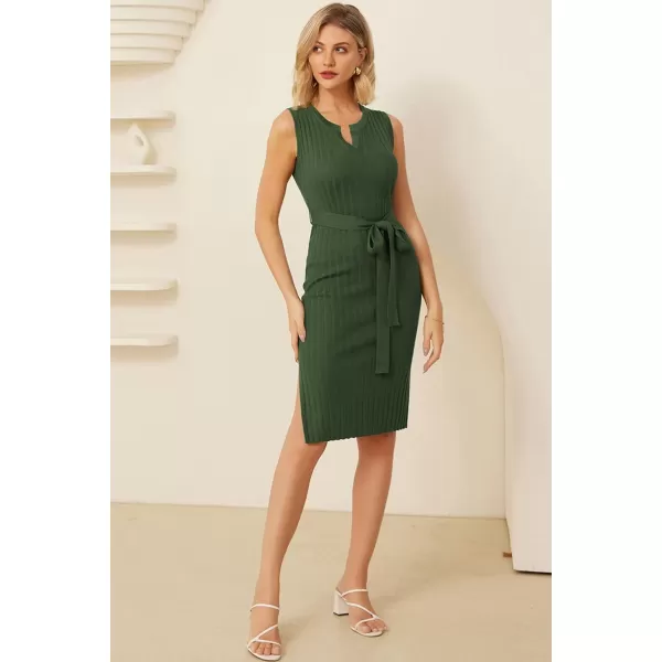 GRACE KARIN Womens 2024 Summer Knitted Sweater Dress V Neck Sleeveless Ribbed Side Slit Bodycon Midi Dresses with BeltArmy Green