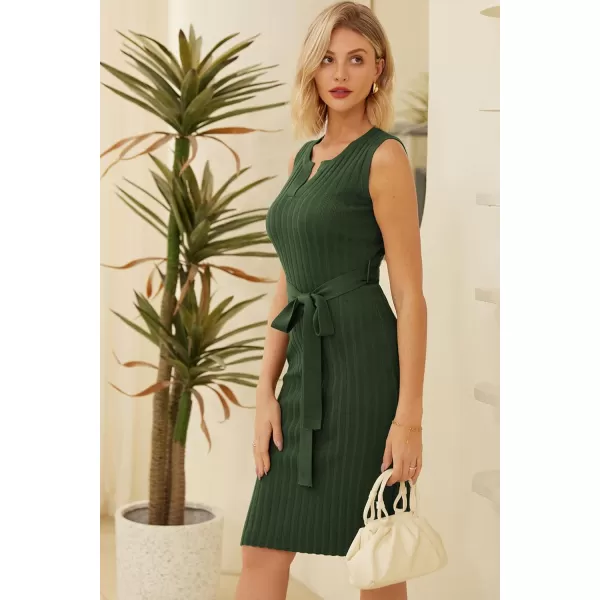 GRACE KARIN Womens 2024 Summer Knitted Sweater Dress V Neck Sleeveless Ribbed Side Slit Bodycon Midi Dresses with BeltArmy Green