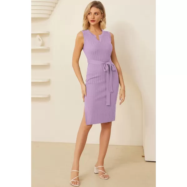 GRACE KARIN Womens 2024 Summer Knitted Sweater Dress V Neck Sleeveless Ribbed Side Slit Bodycon Midi Dresses with BeltPurple