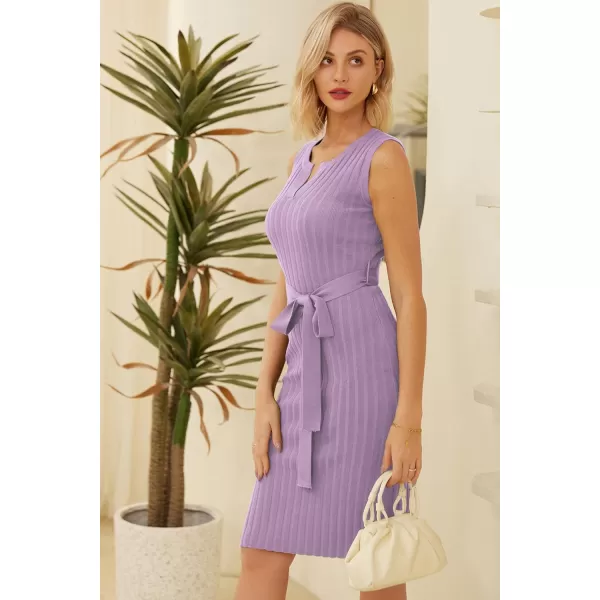 GRACE KARIN Womens 2024 Summer Knitted Sweater Dress V Neck Sleeveless Ribbed Side Slit Bodycon Midi Dresses with BeltPurple