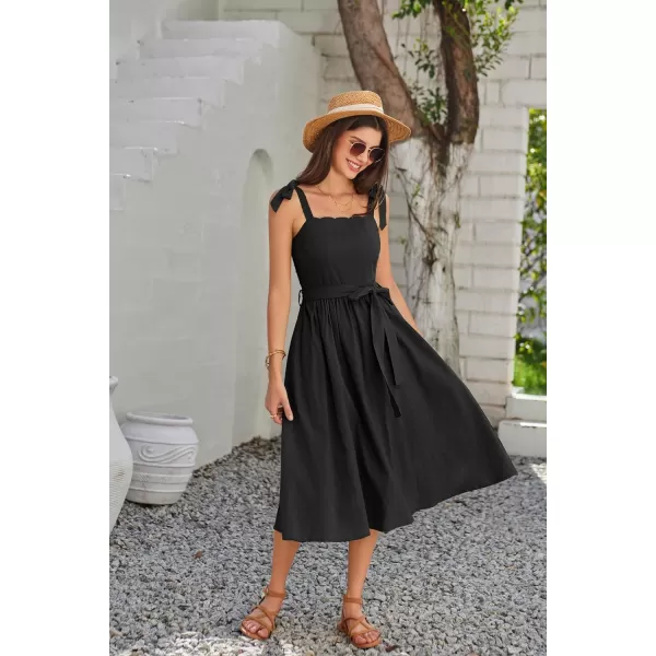 GRACE KARIN Womens 2024 Summer Midi Dress Casual Sleeveless Spaghetti Strap Smocked A Line Long Beach Sun DressBlack