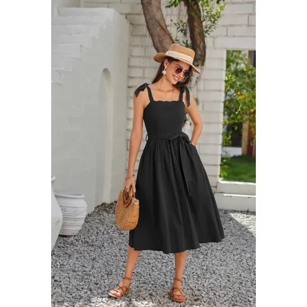 GRACE KARIN Womens 2024 Summer Midi Dress Casual Sleeveless Spaghetti Strap Smocked A Line Long Beach Sun DressBlack