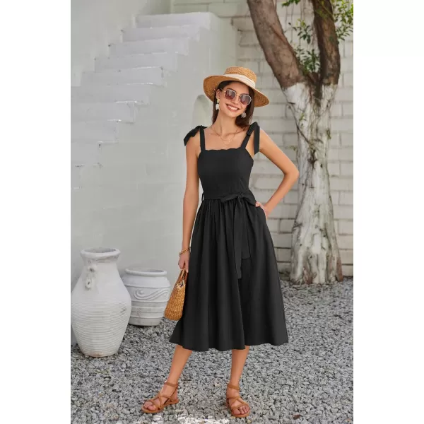 GRACE KARIN Womens 2024 Summer Midi Dress Casual Sleeveless Spaghetti Strap Smocked A Line Long Beach Sun DressBlack