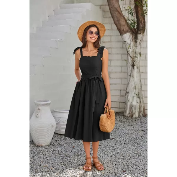 GRACE KARIN Womens 2024 Summer Midi Dress Casual Sleeveless Spaghetti Strap Smocked A Line Long Beach Sun DressBlack