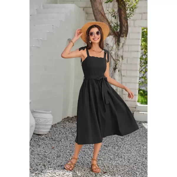 GRACE KARIN Womens 2024 Summer Midi Dress Casual Sleeveless Spaghetti Strap Smocked A Line Long Beach Sun DressBlack