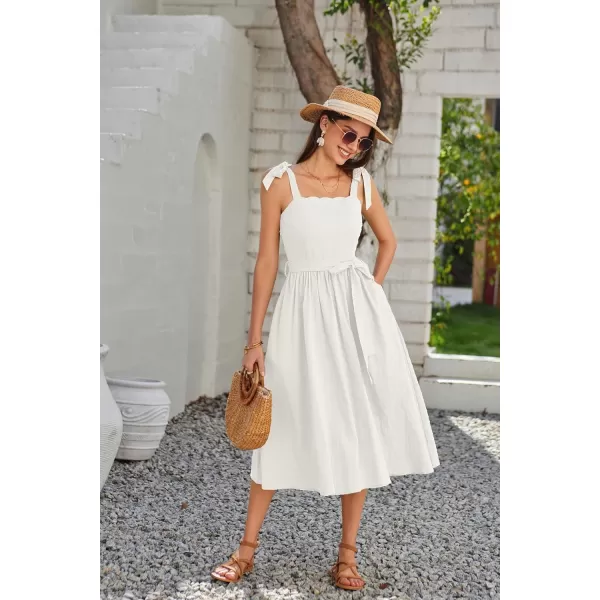 GRACE KARIN Womens 2024 Summer Midi Dress Casual Sleeveless Spaghetti Strap Smocked A Line Long Beach Sun DressWhite