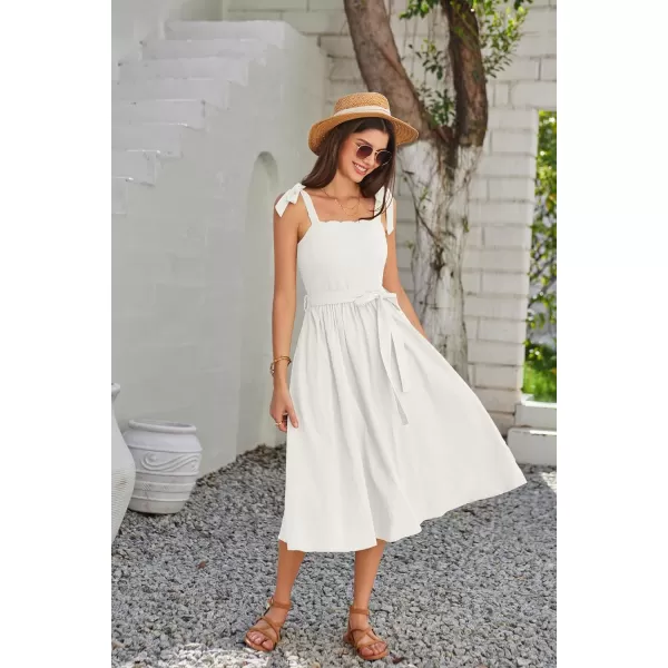 GRACE KARIN Womens 2024 Summer Midi Dress Casual Sleeveless Spaghetti Strap Smocked A Line Long Beach Sun DressWhite