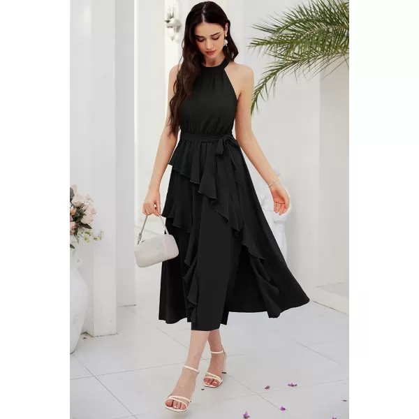 GRACE KARIN Womens 2024 Summer Sleeveless Halter Neck Ruffle Hem Split Flowy Swing Long Midi Dress with BeltBlack