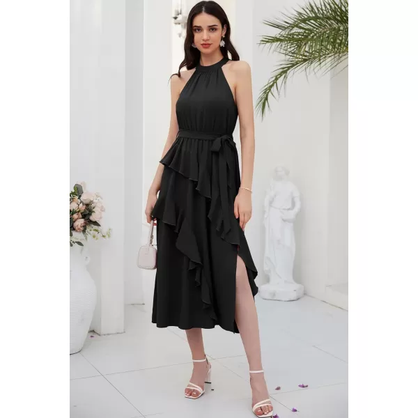 GRACE KARIN Womens 2024 Summer Sleeveless Halter Neck Ruffle Hem Split Flowy Swing Long Midi Dress with BeltBlack