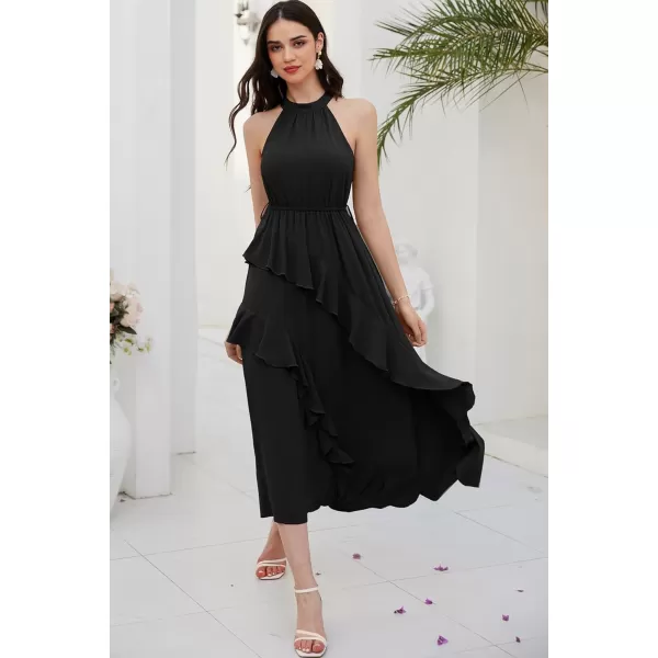 GRACE KARIN Womens 2024 Summer Sleeveless Halter Neck Ruffle Hem Split Flowy Swing Long Midi Dress with BeltBlack