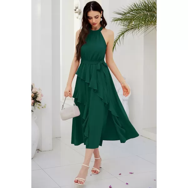 GRACE KARIN Womens 2024 Summer Sleeveless Halter Neck Ruffle Hem Split Flowy Swing Long Midi Dress with BeltDark Green