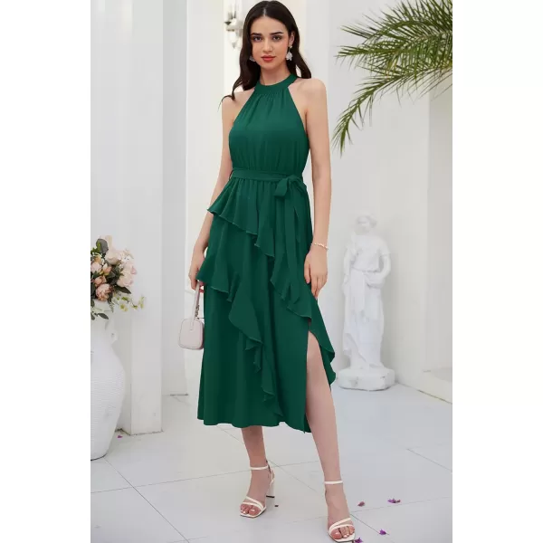 GRACE KARIN Womens 2024 Summer Sleeveless Halter Neck Ruffle Hem Split Flowy Swing Long Midi Dress with BeltDark Green