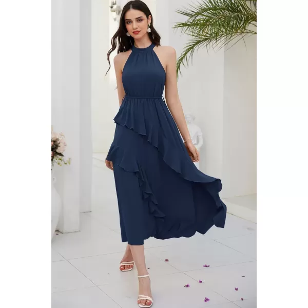 GRACE KARIN Womens 2024 Summer Sleeveless Halter Neck Ruffle Hem Split Flowy Swing Long Midi Dress with BeltNavy
