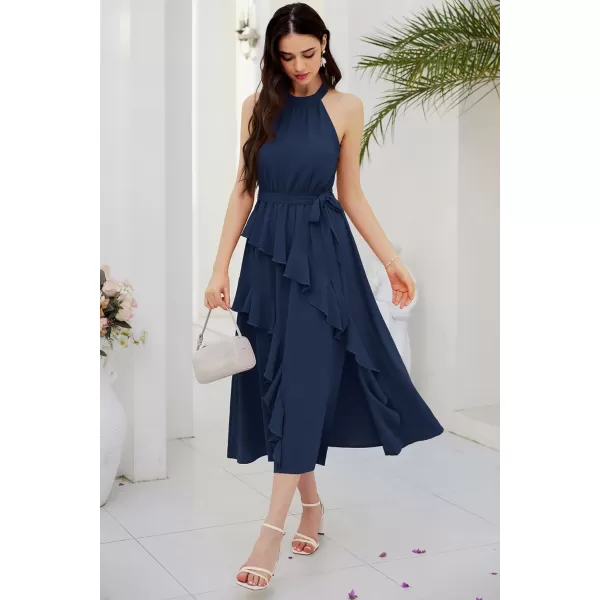 GRACE KARIN Womens 2024 Summer Sleeveless Halter Neck Ruffle Hem Split Flowy Swing Long Midi Dress with BeltNavy