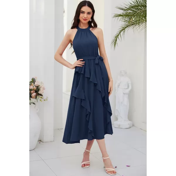 GRACE KARIN Womens 2024 Summer Sleeveless Halter Neck Ruffle Hem Split Flowy Swing Long Midi Dress with BeltNavy