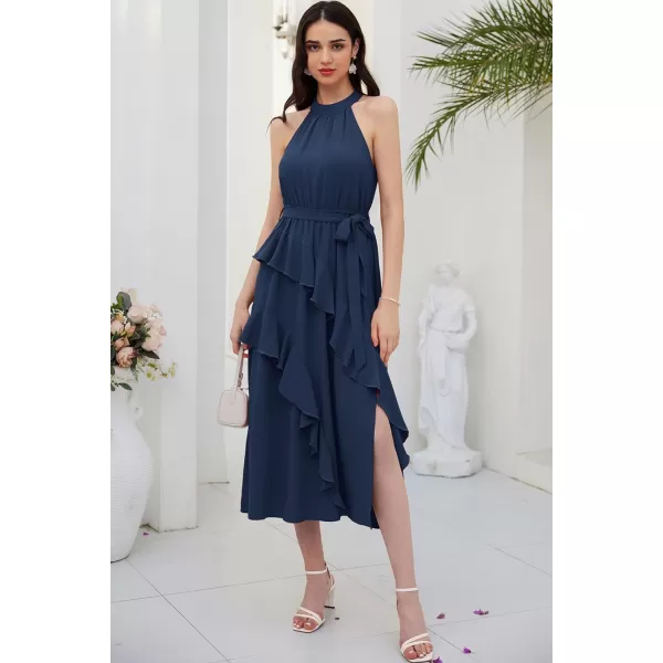 GRACE KARIN Womens 2024 Summer Sleeveless Halter Neck Ruffle Hem Split Flowy Swing Long Midi Dress with BeltNavy