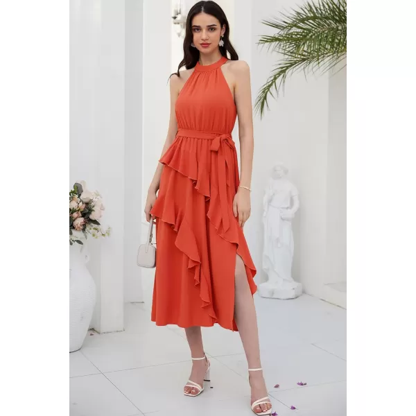 GRACE KARIN Womens 2024 Summer Sleeveless Halter Neck Ruffle Hem Split Flowy Swing Long Midi Dress with BeltOrange