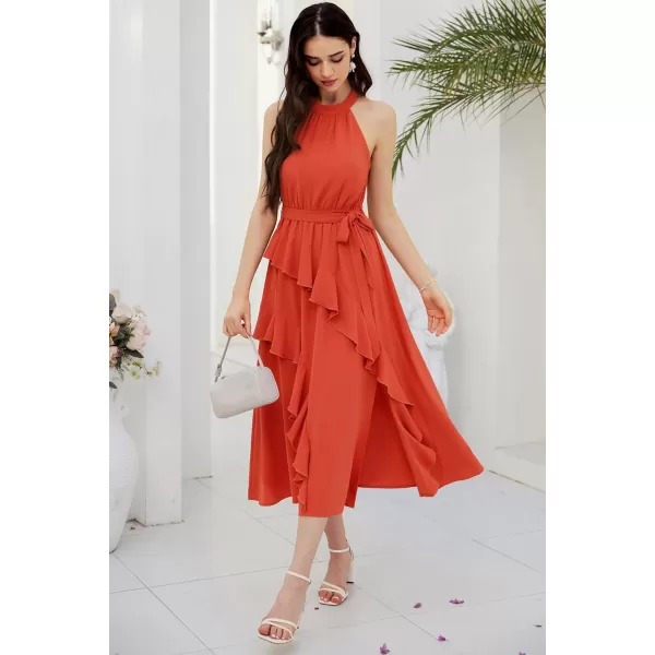 GRACE KARIN Womens 2024 Summer Sleeveless Halter Neck Ruffle Hem Split Flowy Swing Long Midi Dress with BeltOrange
