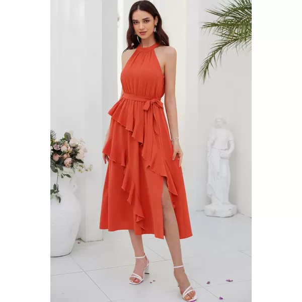 GRACE KARIN Womens 2024 Summer Sleeveless Halter Neck Ruffle Hem Split Flowy Swing Long Midi Dress with BeltOrange