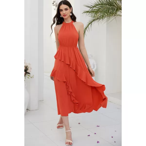 GRACE KARIN Womens 2024 Summer Sleeveless Halter Neck Ruffle Hem Split Flowy Swing Long Midi Dress with BeltOrange