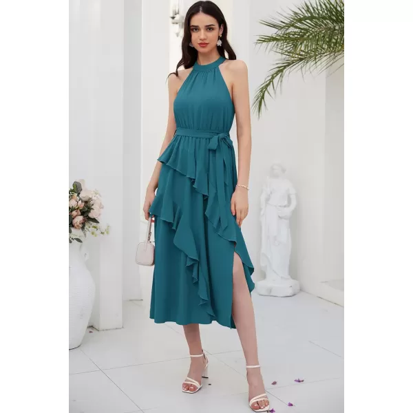 GRACE KARIN Womens 2024 Summer Sleeveless Halter Neck Ruffle Hem Split Flowy Swing Long Midi Dress with BeltPeacock Blue