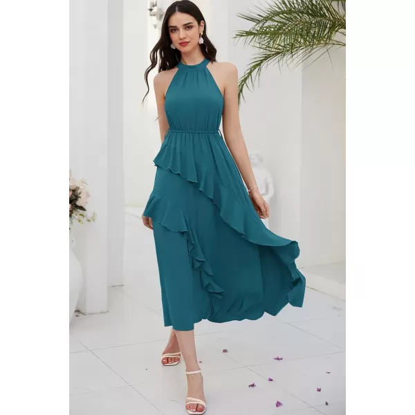 GRACE KARIN Womens 2024 Summer Sleeveless Halter Neck Ruffle Hem Split Flowy Swing Long Midi Dress with BeltPeacock Blue