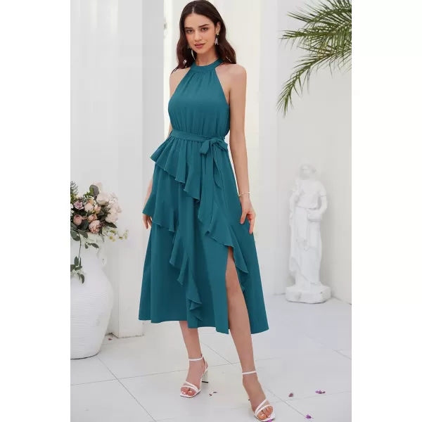 GRACE KARIN Womens 2024 Summer Sleeveless Halter Neck Ruffle Hem Split Flowy Swing Long Midi Dress with BeltPeacock Blue