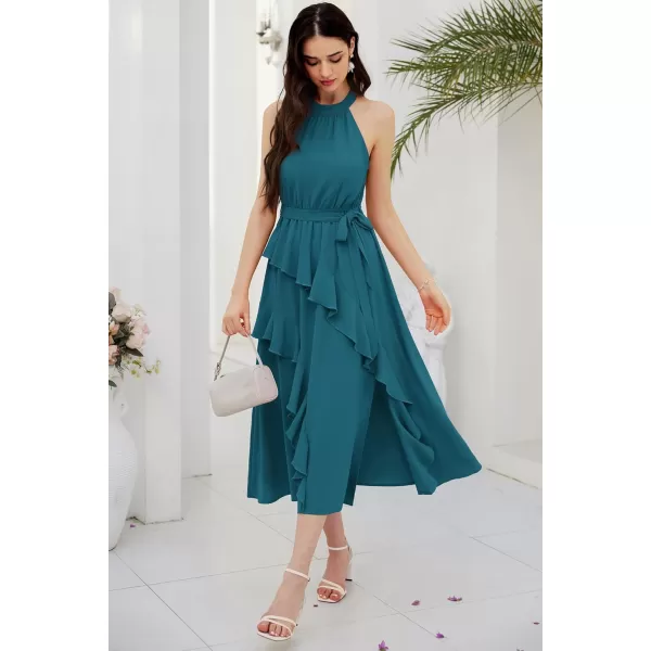 GRACE KARIN Womens 2024 Summer Sleeveless Halter Neck Ruffle Hem Split Flowy Swing Long Midi Dress with BeltPeacock Blue