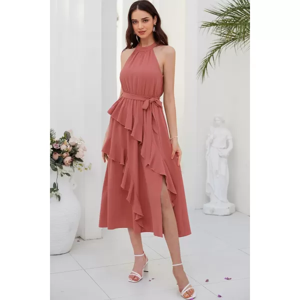 GRACE KARIN Womens 2024 Summer Sleeveless Halter Neck Ruffle Hem Split Flowy Swing Long Midi Dress with BeltPink