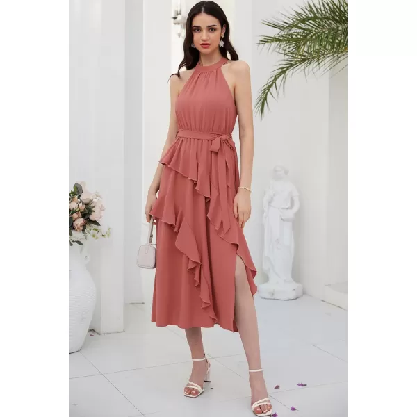 GRACE KARIN Womens 2024 Summer Sleeveless Halter Neck Ruffle Hem Split Flowy Swing Long Midi Dress with BeltPink